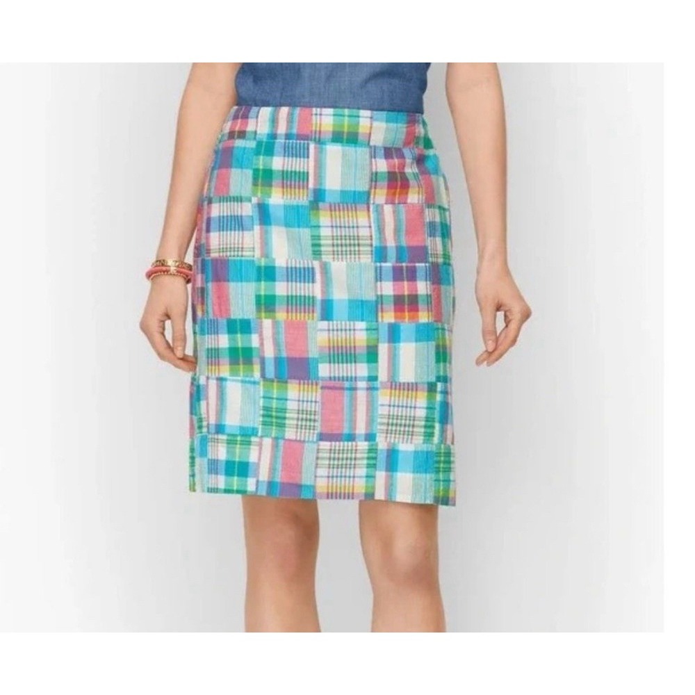 Talbots Petites Pencil Skirt Women's Size 6/6P Madras Plaid Patchwork lined Blue